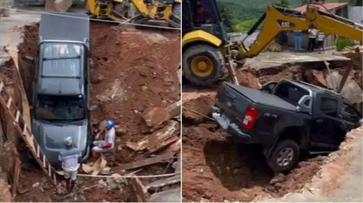Caminhonete conduzida por padre é ‘engolida’ após cratera se abrir em casa paroquial