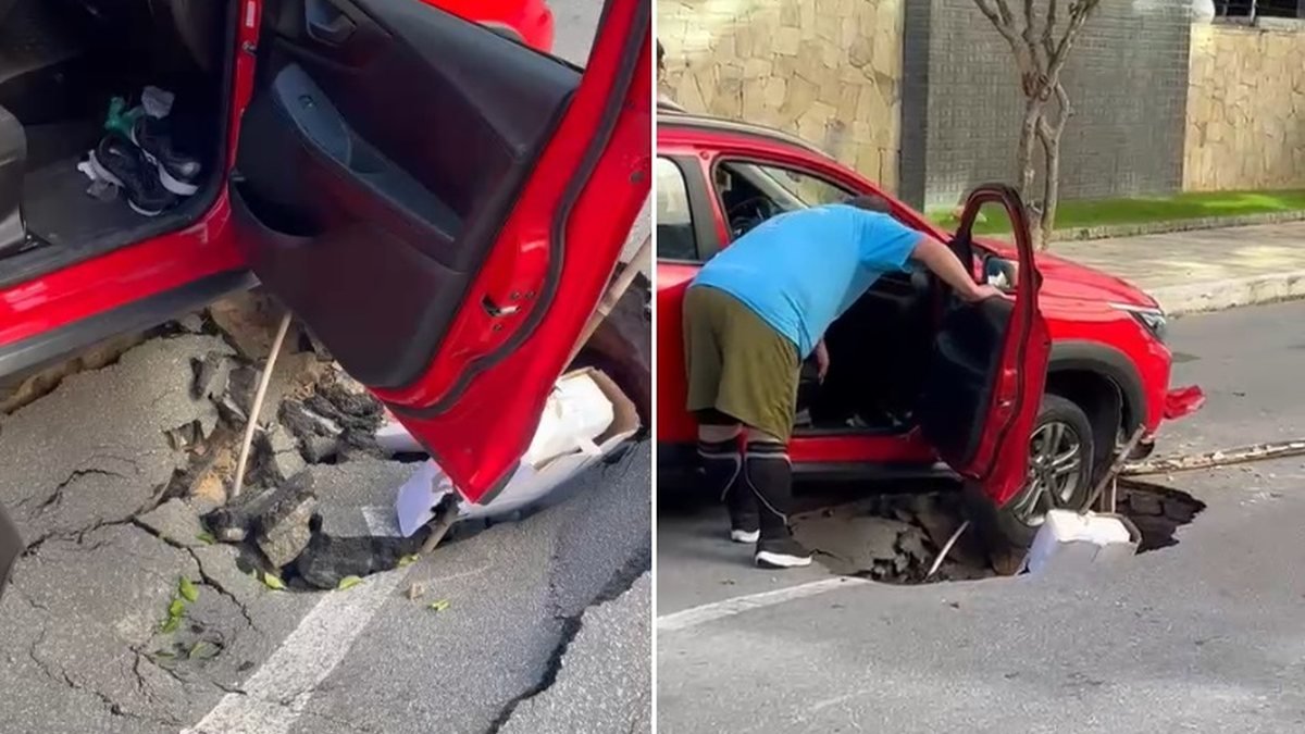 Asfalto cede em via movimentada e carro é danificado na Ponta Verde