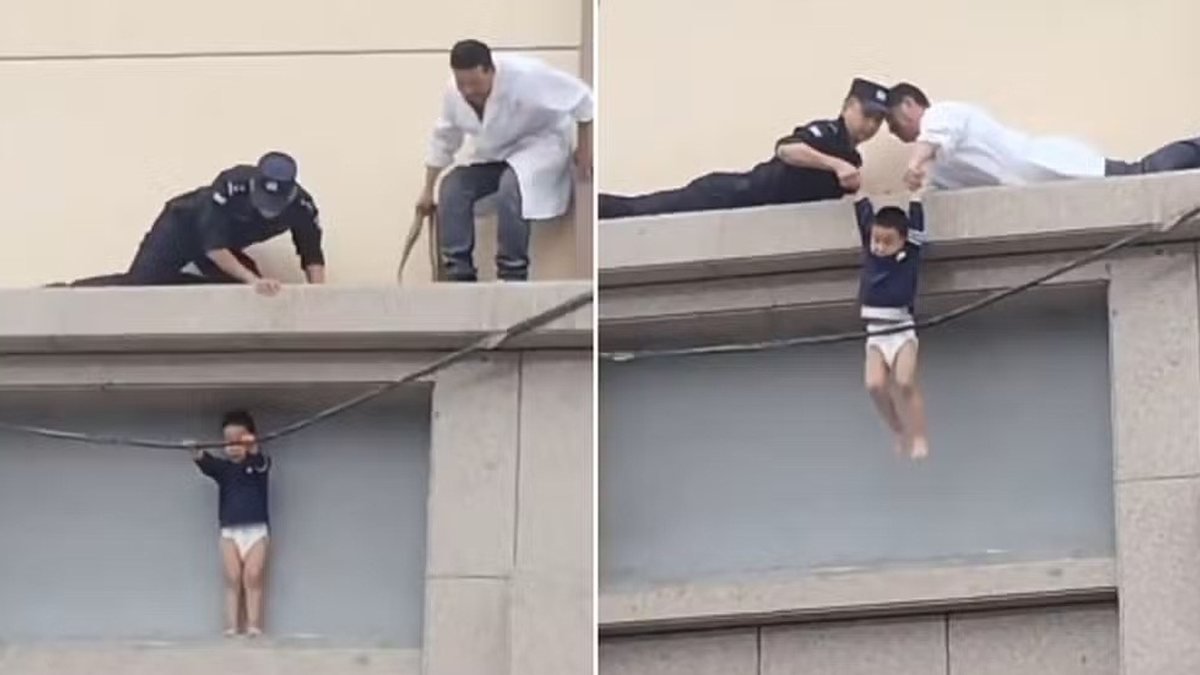 Menino de 3 anos é resgatado após ficar preso em parapeito e agarrado a fio